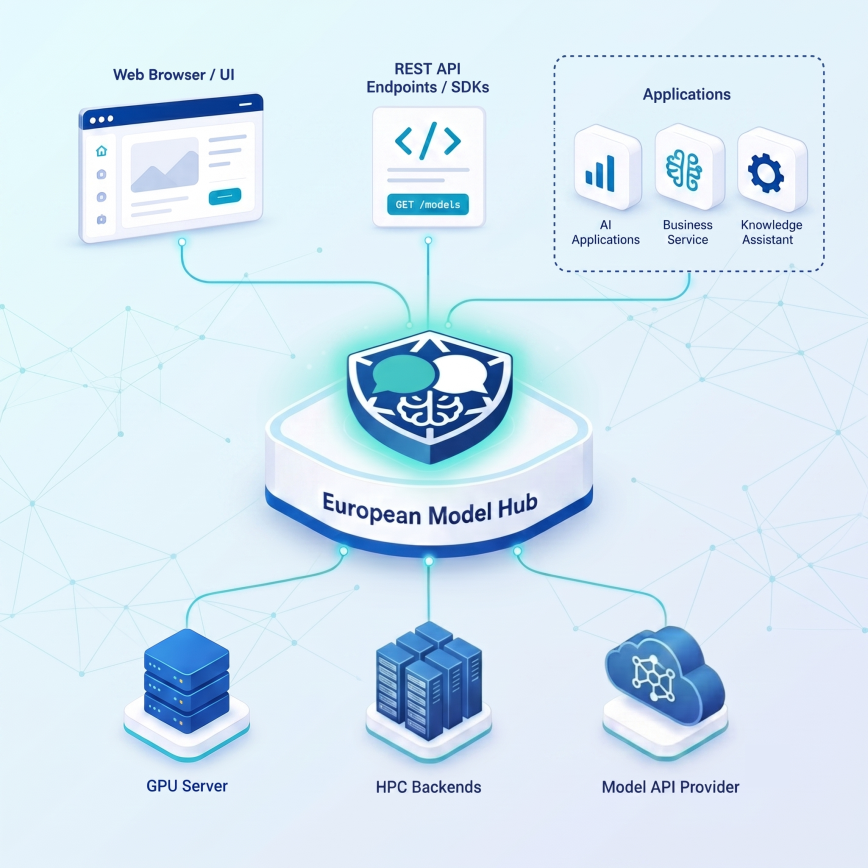 European Model Hub connecting web interfaces, APIs, AI applications, GPU infrastructure, HPC backends, and model providers.